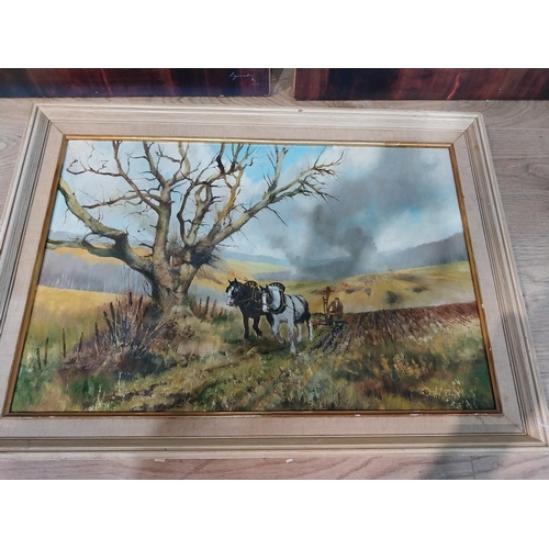 381 - Two prints on canvas - Lady and Gentleman at Cafe. {70 cm H x 50 cm W} and oil on board Ploughing Sc... 