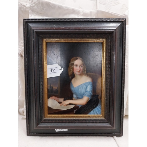 482 - Victorian oil on board of Young Girl mounted in decorative frame. {36 cm H x 20 cm W}.