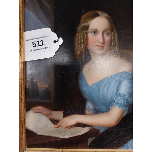482 - Victorian oil on board of Young Girl mounted in decorative frame. {36 cm H x 20 cm W}.