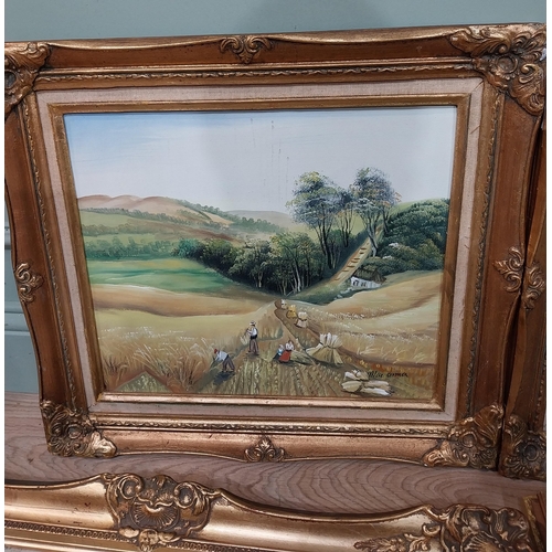 494 - Pair of oleographs mounted in giltwood framed Harvest Scenes signed C Mac Anna. {49 cm H x 55 cm W},... 