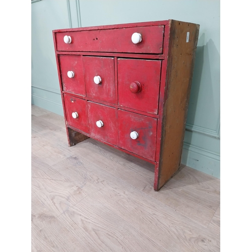10 - 19th C. painted pine bank of nine drawers. {78 cm H x 76 cm W x 28 cm D}.