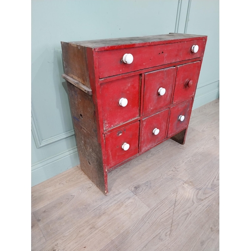10 - 19th C. painted pine bank of nine drawers. {78 cm H x 76 cm W x 28 cm D}.