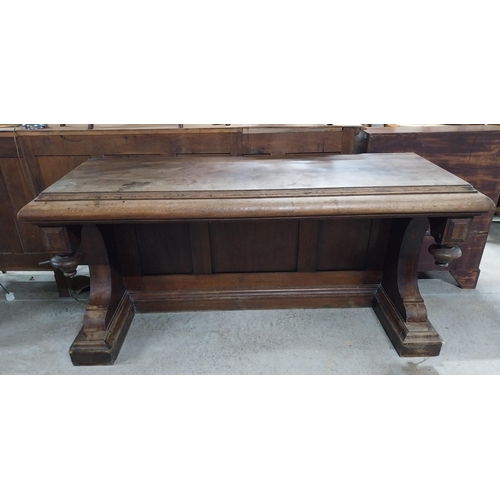 103 - Victorian oak console table on shaped supports and platform feet. {95 cm H x 200 cm W x 71 cm D}.