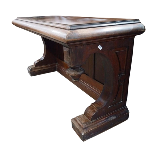 103 - Victorian oak console table on shaped supports and platform feet. {95 cm H x 200 cm W x 71 cm D}.