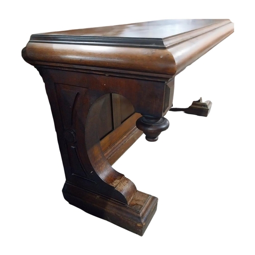 103 - Victorian oak console table on shaped supports and platform feet. {95 cm H x 200 cm W x 71 cm D}.