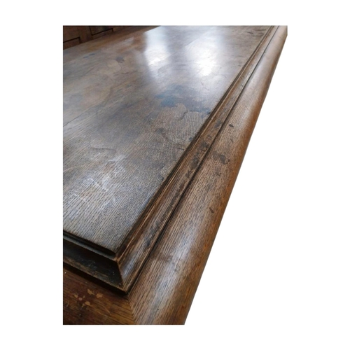 103 - Victorian oak console table on shaped supports and platform feet. {95 cm H x 200 cm W x 71 cm D}.