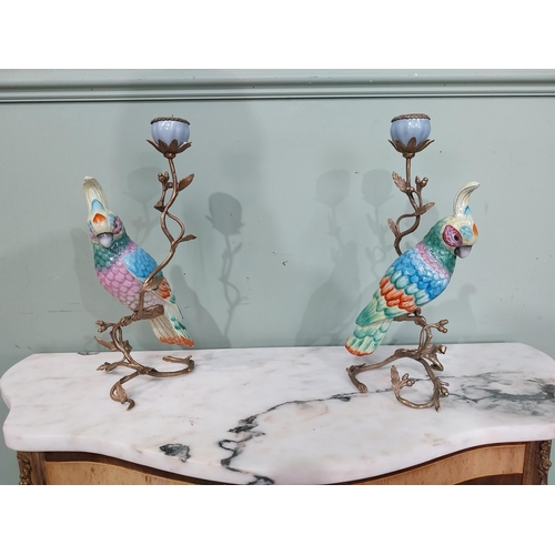 12 - Pair of good quality gilded metal and ceramic candlesticks in the form of Parrots. {34 cm H x 19 cm ... 
