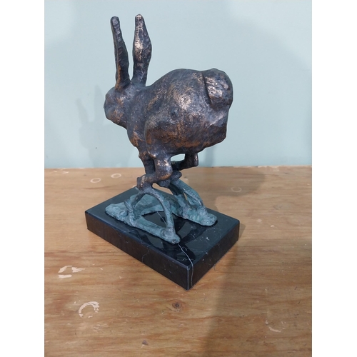 312 - Good quality bronzed cast iron sculpture of a Jumping Hare on marble base. {23 cm H x 17 cm W x 10 c... 