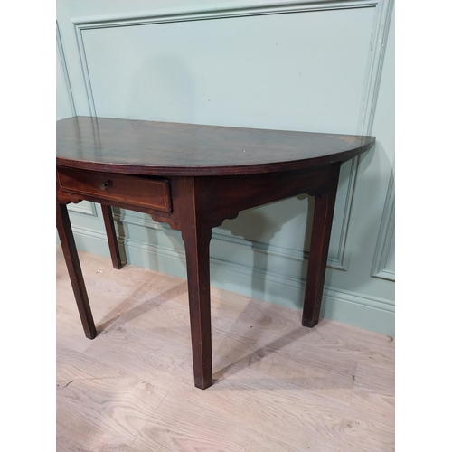 378 - Georgian mahogany and satinwood D-end table on square legs. {72 cm H x 122 cm W}.