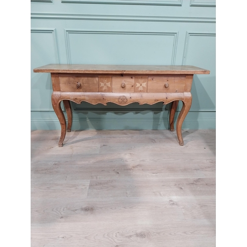 379 - 20th C. stripped pine side table on cabriole legs. {78 cm H  150 cm W x 45 cm D}.