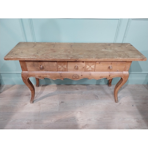 379 - 20th C. stripped pine side table on cabriole legs. {78 cm H  150 cm W x 45 cm D}.