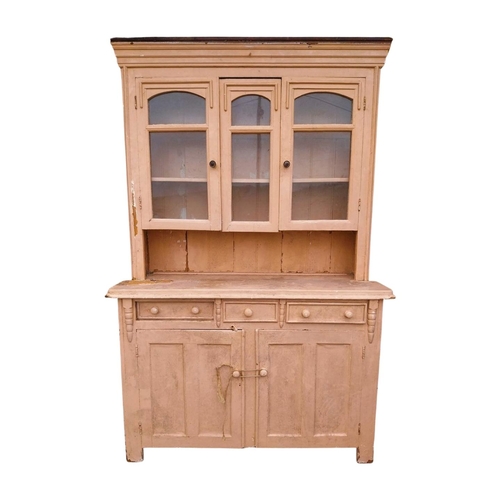 53 - 19th C. painted pine Galway Athy kitchen dresser. {131 cm H x 150 cm W x 54 cm D}.