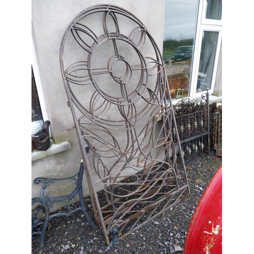 648 - Set of three wrought iron garden panels. {200 cm H x 107 cm W}.