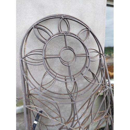 648 - Set of three wrought iron garden panels. {200 cm H x 107 cm W}.