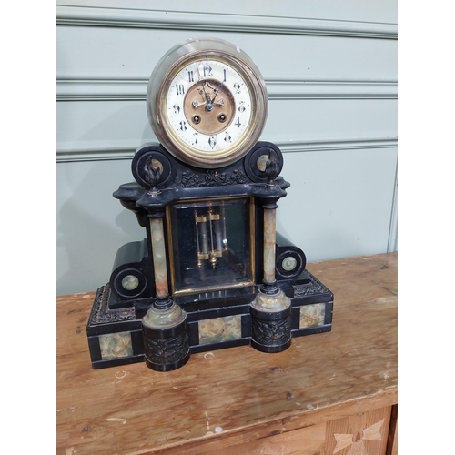 98 - Victorian onyx and marbelised slate mantle clock with mercury pendulum. {48 cm H x 41 cm W x 17 cm D... 