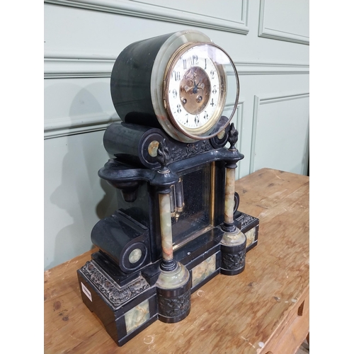 98 - Victorian onyx and marbelised slate mantle clock with mercury pendulum. {48 cm H x 41 cm W x 17 cm D... 