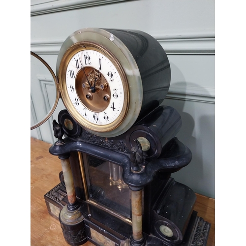 98 - Victorian onyx and marbelised slate mantle clock with mercury pendulum. {48 cm H x 41 cm W x 17 cm D... 