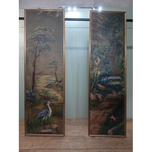154 - Pair of oil on canvas scenes - Heron and Countryside.  {H 250cm x w 79cm }.  NOT AVAILABLE TO VIEW I... 