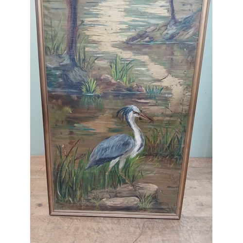 154 - Pair of oil on canvas scenes - Heron and Countryside.  {H 250cm x w 79cm }.  NOT AVAILABLE TO VIEW I... 