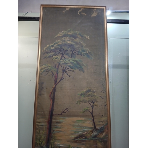 154 - Pair of oil on canvas scenes - Heron and Countryside.  {H 250cm x w 79cm }.  NOT AVAILABLE TO VIEW I... 