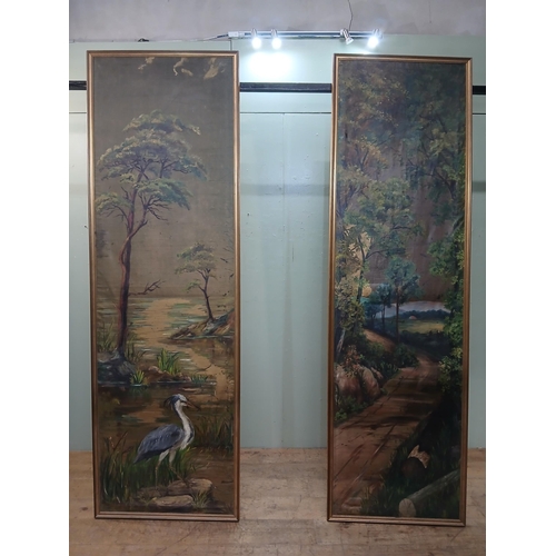 154 - Pair of oil on canvas scenes - Heron and Countryside.  {H 250cm x w 79cm }.  NOT AVAILABLE TO VIEW I... 