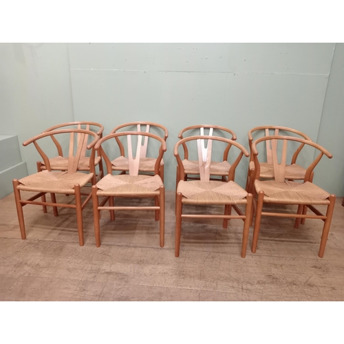 178 - Set of eight vintage wishbone Danish dining chairs with woven rush seats. {H 73cm x W 52cm x D 52cm ... 