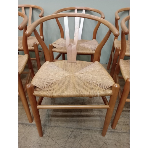 178 - Set of eight vintage wishbone Danish dining chairs with woven rush seats. {H 73cm x W 52cm x D 52cm ... 