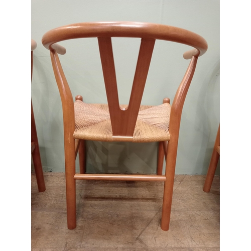 178 - Set of eight vintage wishbone Danish dining chairs with woven rush seats. {H 73cm x W 52cm x D 52cm ... 