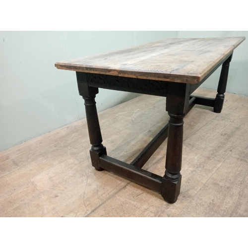 28 - Refectory table with fruitwood top on square turned legs and single stretcher. {H 86cm x W 174cm x D... 