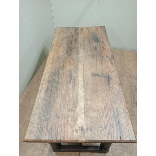 28 - Refectory table with fruitwood top on square turned legs and single stretcher. {H 86cm x W 174cm x D... 
