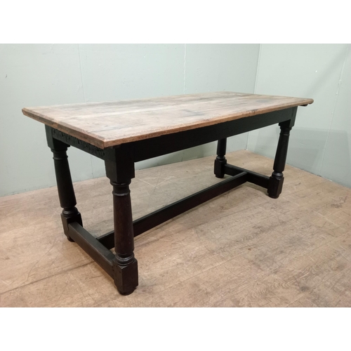 28 - Refectory table with fruitwood top on square turned legs and single stretcher. {H 86cm x W 174cm x D... 