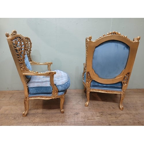 283 - Pair of French gilt armchairs with blue velvet upholstery.  {H 110cm x W 65cm x D 70cm }.  NOT AVAIL... 