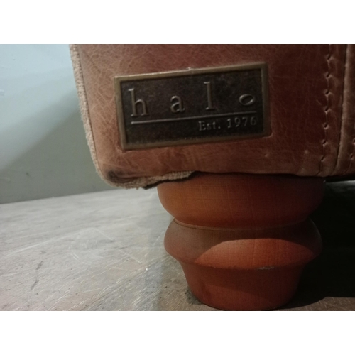 365 - Halo design two seater sofa with suede and leather upholstery on turned feet.  {H 80cm x W 195cm x D... 