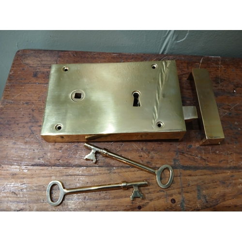 38 - Solid brass Rim lever door lock.  {H 11cm x W 19cm x D 3cm }.  NOT AVAILABLE TO VIEW IN PERSON.