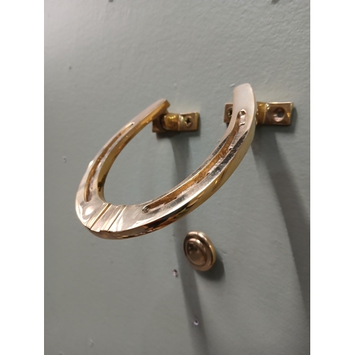 393 - Pair of solid brass door knockers in the form of Horse Shoes.  {H 11cm x w 10cm x D 3cm }.  NOT AVAI... 