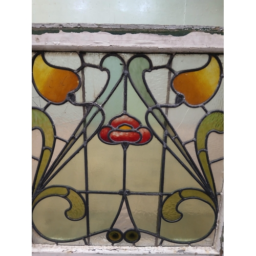 450 - Leaded stained glass window with central red flower and yellow and orange fruit.   {H 83cm x W 73cm ... 