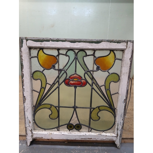 450 - Leaded stained glass window with central red flower and yellow and orange fruit.   {H 83cm x W 73cm ... 