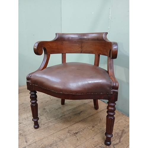 476A - Victorian mahogany library armchair with brown leather upholstered seat.  {H 74cm x W 60cm x D 50cm ... 