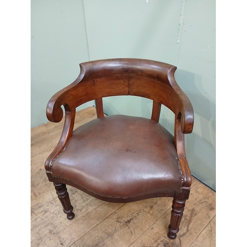 476A - Victorian mahogany library armchair with brown leather upholstered seat.  {H 74cm x W 60cm x D 50cm ... 