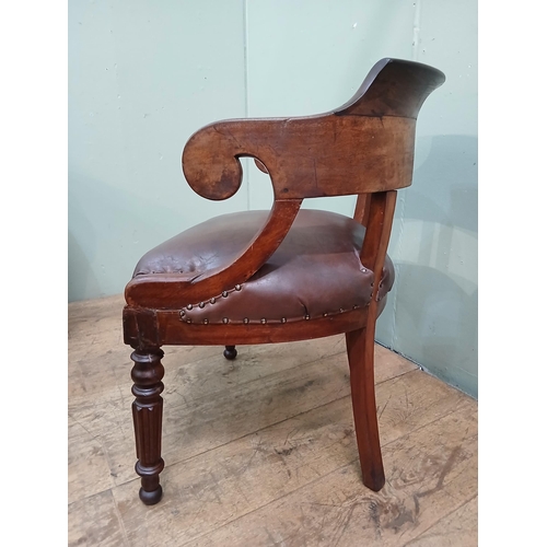 476A - Victorian mahogany library armchair with brown leather upholstered seat.  {H 74cm x W 60cm x D 50cm ... 