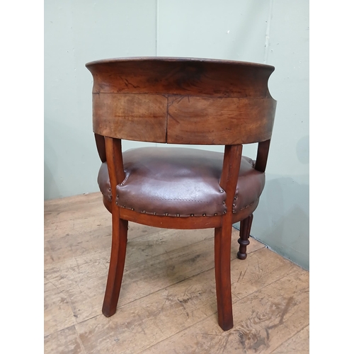 476A - Victorian mahogany library armchair with brown leather upholstered seat.  {H 74cm x W 60cm x D 50cm ... 