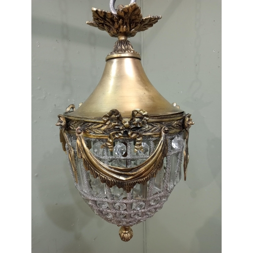 85 - Baroque style brass and crystal ceiling light in working order.   {H 50cm x Dia 26cm }.  NOT AVAILAB... 