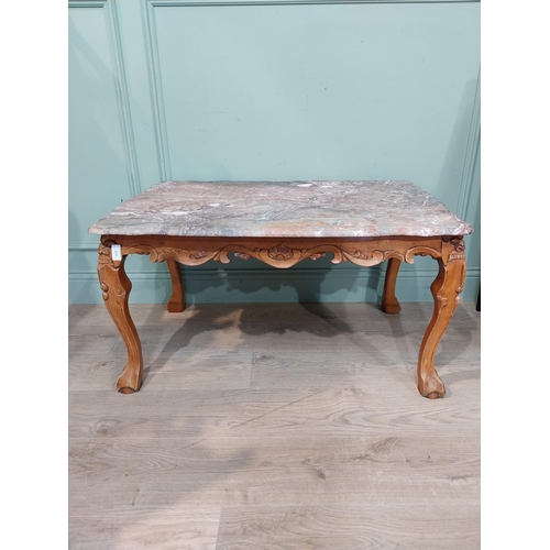 11 - Good quality carved walnut coffee table with marble top. {50 cm H x 92 cm W x 62 cm D}.