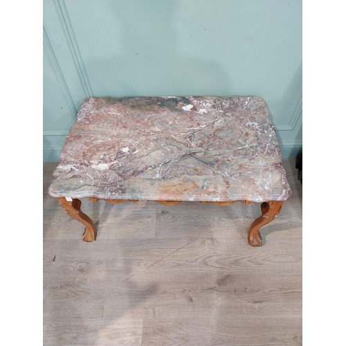 11 - Good quality carved walnut coffee table with marble top. {50 cm H x 92 cm W x 62 cm D}.