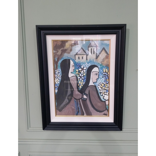 139 - Nuns in Garden Markey Robinson gouache mounted in painted wooden frame. {66 cm H x 47 cm W}.