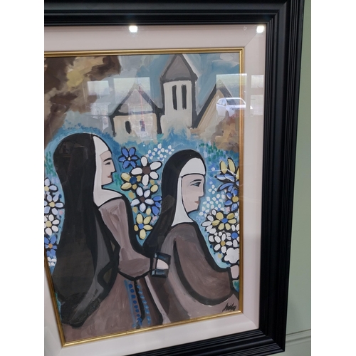 139 - Nuns in Garden Markey Robinson gouache mounted in painted wooden frame. {66 cm H x 47 cm W}.