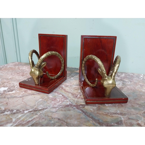 2 - Pair of 1960's solid brass Ibex book ends mounted on inlaid wooden bases. {19 cm H x 14 cm W x 13 cm... 