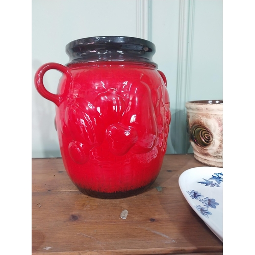 344 - Three pieces of Mid Century German pottery vases and Aesthetic Movement ceramic fan plate.