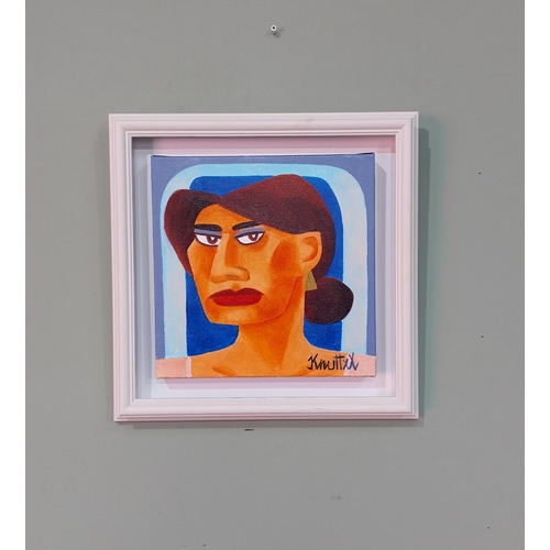 416 - Lady in Blue Graham Knuttel oil on canvas mounted in painted wooden frame. {30 cm H x 30 cm W}.