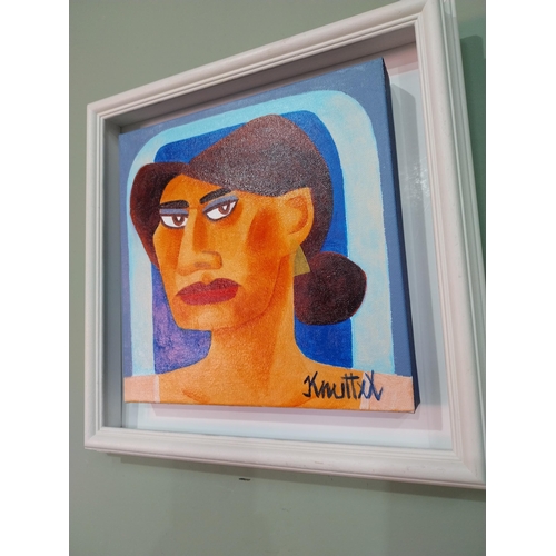 416 - Lady in Blue Graham Knuttel oil on canvas mounted in painted wooden frame. {30 cm H x 30 cm W}.